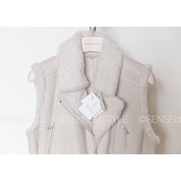 Brunello Cucinelli Women's Vest Fur Jacket Shearling Moto Leather Size 40 S - Picture 3 of 8